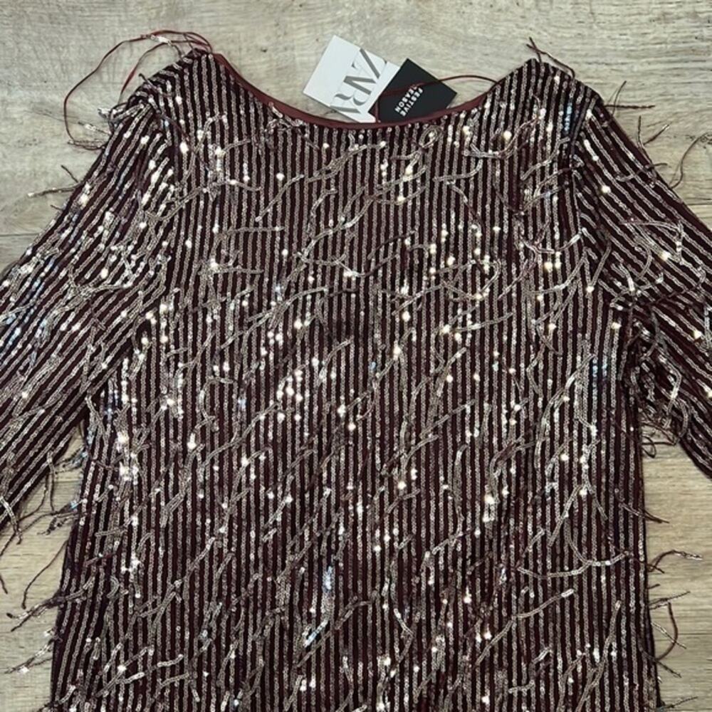 Zara NWT Burgundy Metallic Long Sleeve Party Mini Dress M - Picture 13 of 16